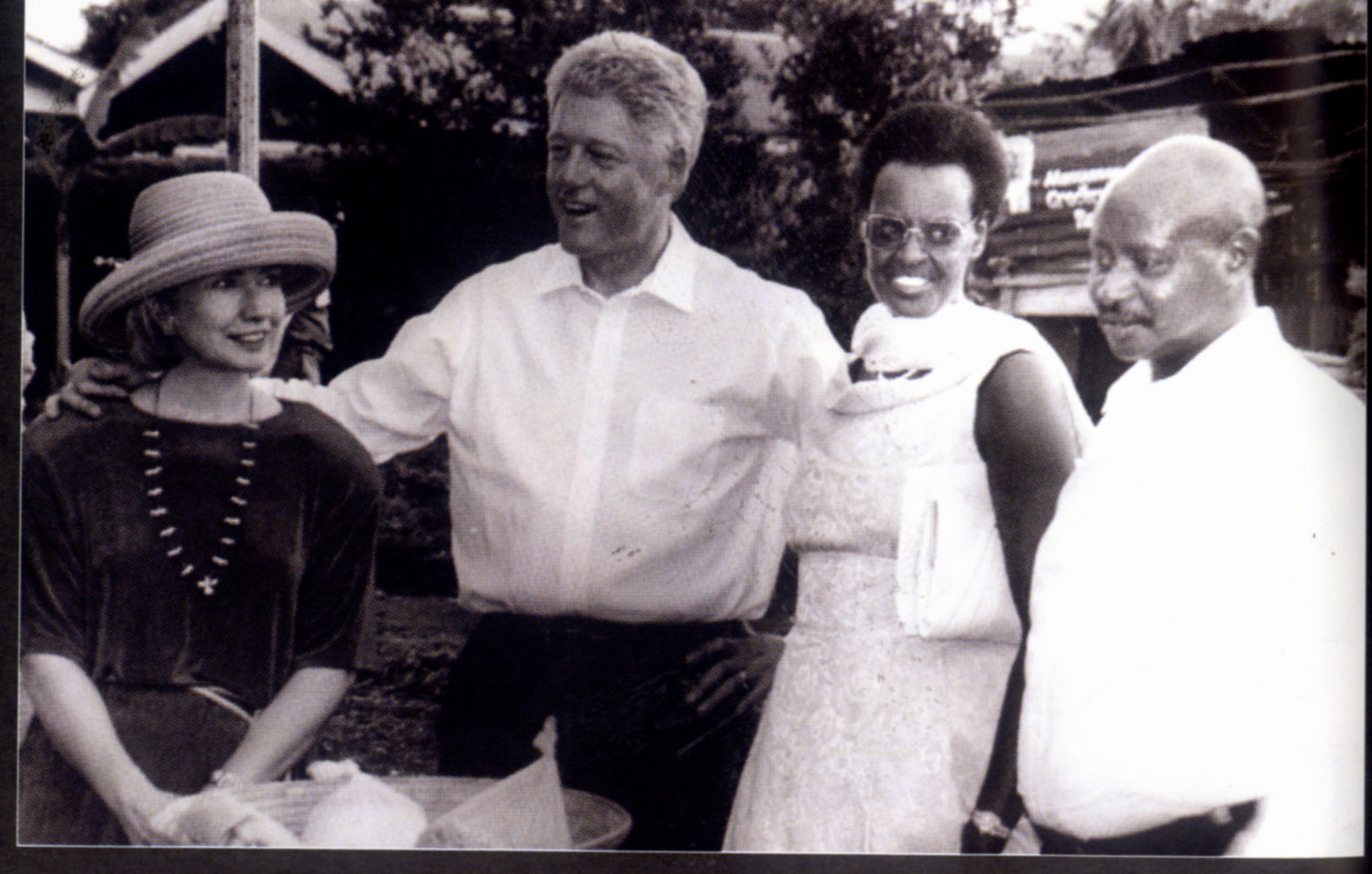 President Yoweri Kaguta Museveni with the First Lady, Janet Museveni interacting with US President Bill Clinton and  his wife Hillary during their visit to Uganda in March 1998