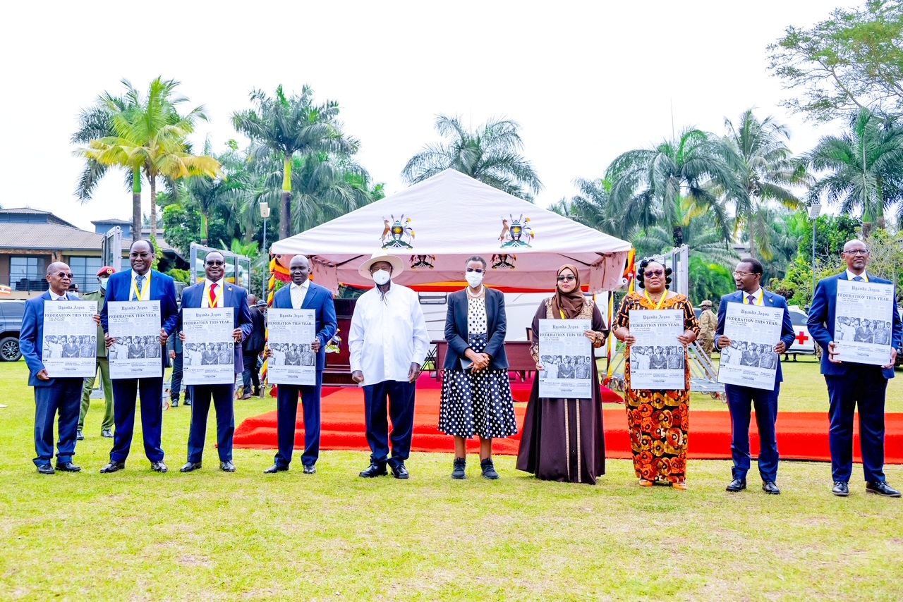 President Yoweri Museveni (5th left) and First Lady and Minister of Education and Sports Janet Museveni (6th left) with delegates from other East African countries that attended the 1st Regional Ministerial Conference on the EAC Common Higher Education Area at Speke Resort Munyonyo. September 9, 2025