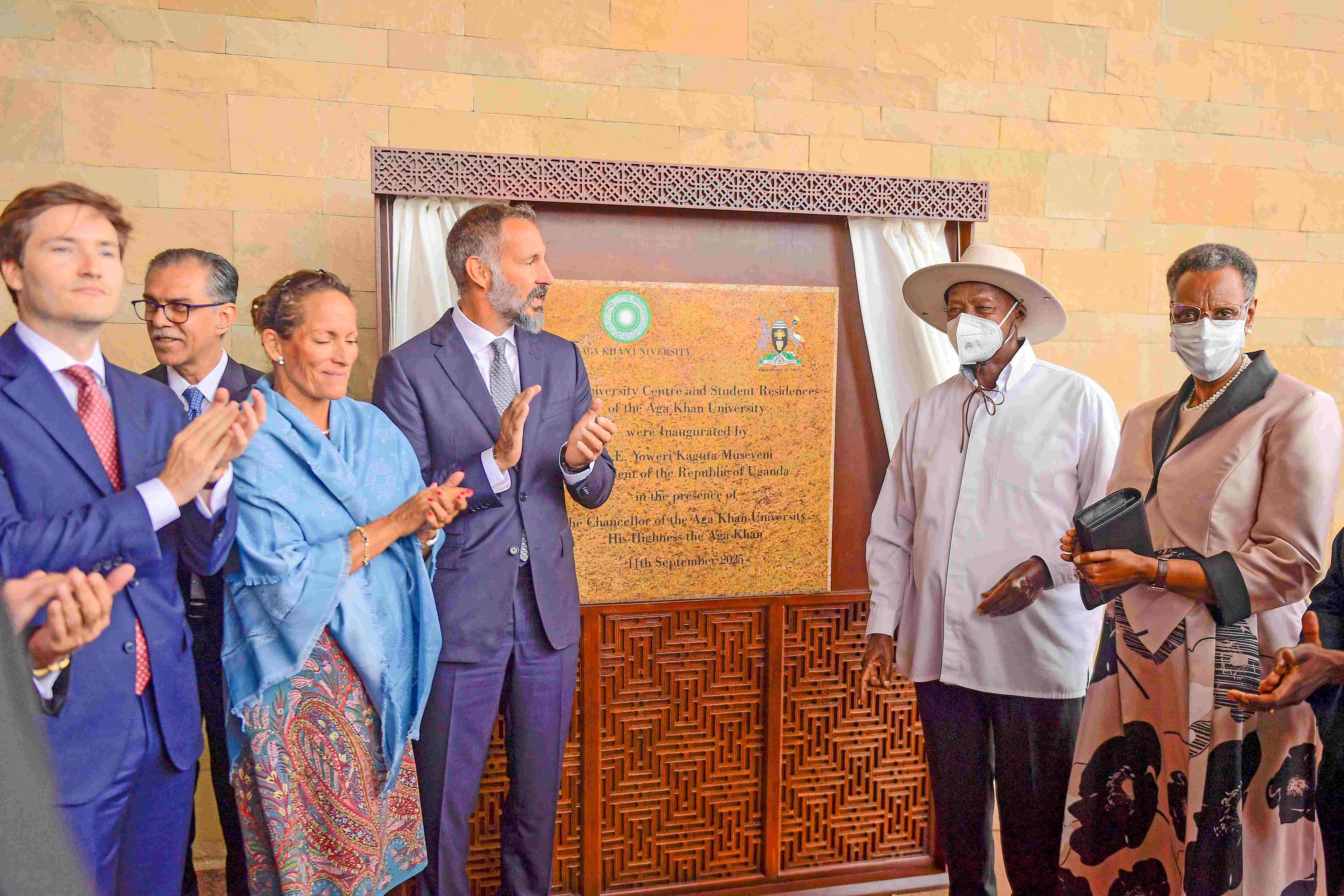 President Yoweri Museveni and the First Lady, Mrs. Janet Museveni, His Highness Prince Rahim Aga Khan V (4th left), Princess Zahra Aga Khan (3rd left) with other officials during the commissioning of the Aga Khan University new premises in Nakawa, Kampala. September 11,2025.