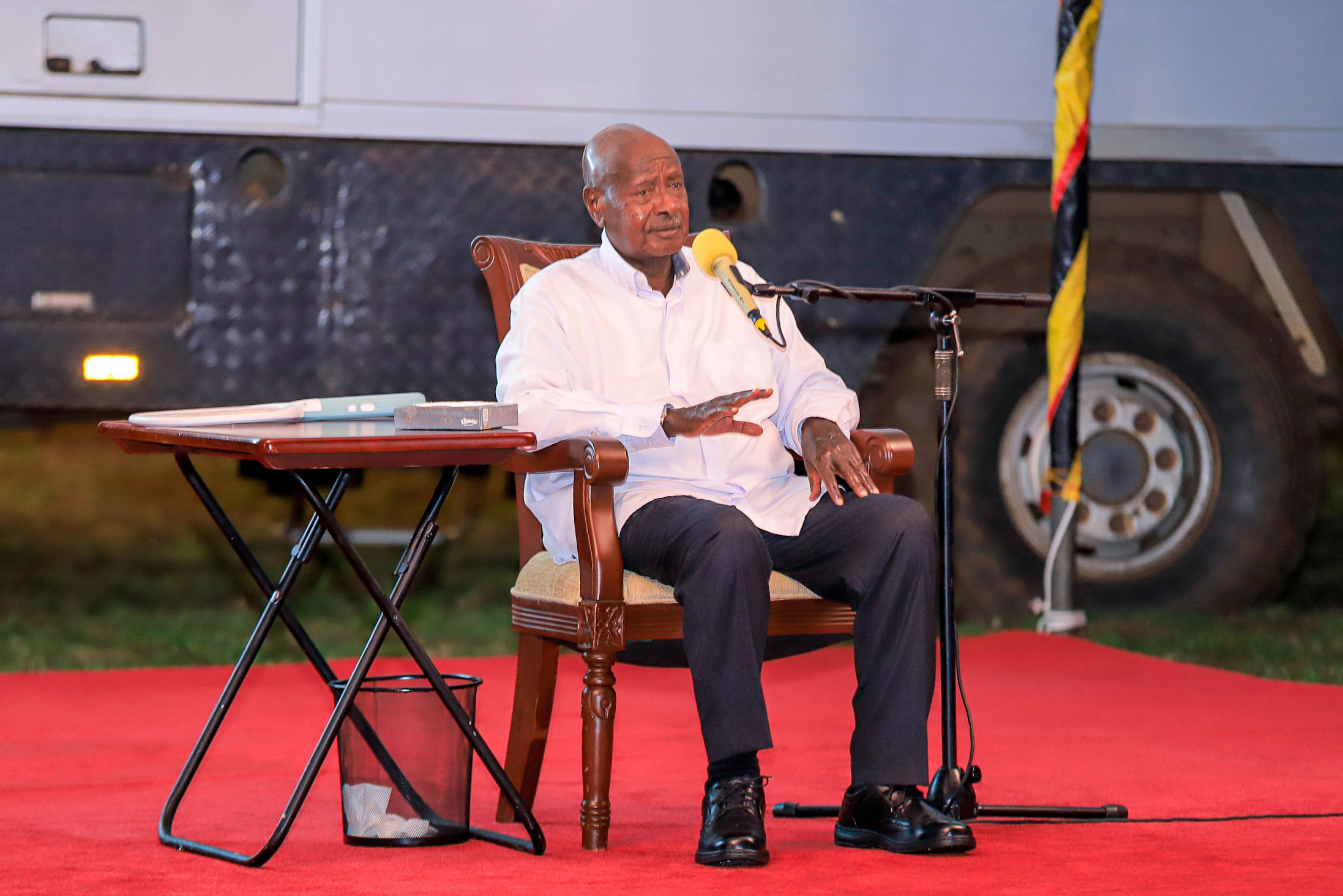 President Museveni addressing journalists in Karamoja subregion at the Morulinga State Lodge, Napak District on Wednesday, October 29, 2025.