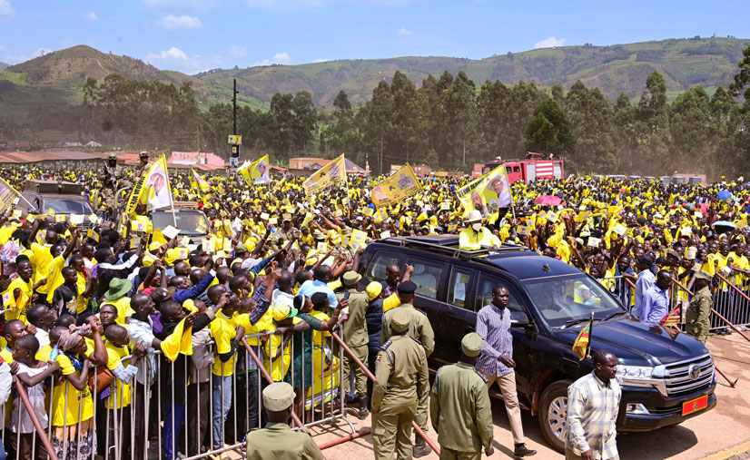 President-Museveni-waves-to-his-supporters-as-he-arrives-at-Rusherebeya-market-grounds-in-Rwamucucu-sub-county,-Rukiga-district-to-address-his-campaign-rally-on-Tuesday.