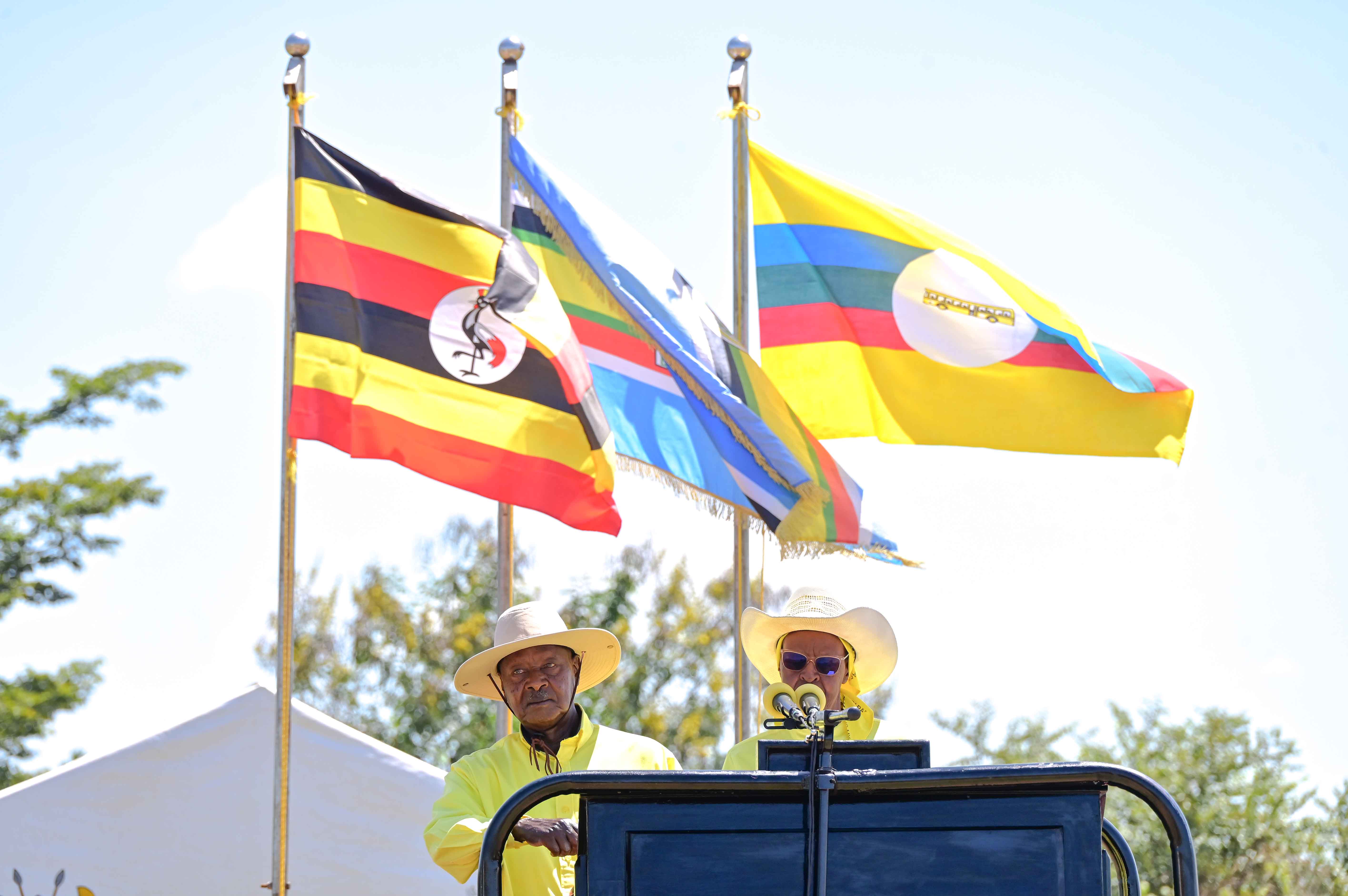 President Museveni and the First Lady Janet Museveni addressing a rally in Buyende district