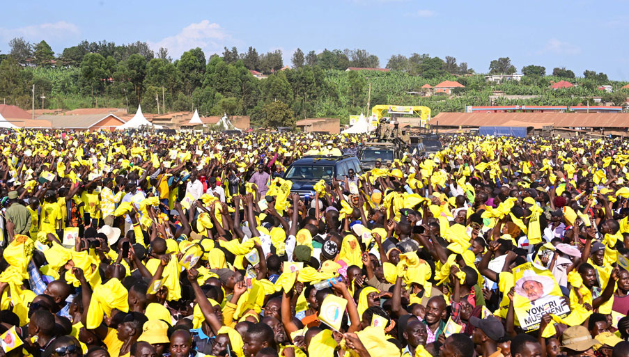 President-Museveni-accompanied-by-First-Lady-Janet-waves-to-his-supporters-as-he-arrives-at-Kabwohe-stadium-in-Sheema-district-to-address-his-campaign-rally-on-Tuesday