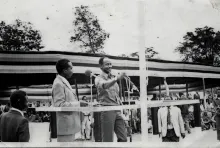Minister of defence Yoweri Museveni addressing a public.jpg