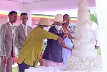 President Yoweri Museveni with the First Lady and Minister of Education and Sports, Mrs Janet Museveni cutting a cake to celebrate Museveni's 80th birthday as their grandchildren look on. This was at Kijaguzo in Nakaseke District on Sunday, September 15, 2024. PPU photo