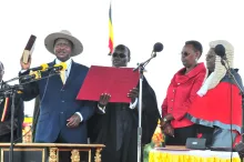 Swearing-in - President Museveni takes the oath as he swears in for the 4th term as President of Uganda at Kololo 12.05.11.jpg