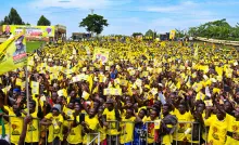 NRM-supporters-express-their-support-for-President-Museveni-and-the-NRM-party-during-a-presidential-campaign-rally-at-Rwere-play-grounds,-Kirima-sub-county,-Kinkinzi-East-County-in-Kanungu-district