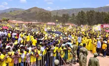 President-Museveni-waves-to-his-supporters-as-he-arrives-at-Rusherebeya-market-grounds-in-Rwamucucu-sub-county,-Rukiga-district-to-address-his-campaign-rally-on-Tuesday