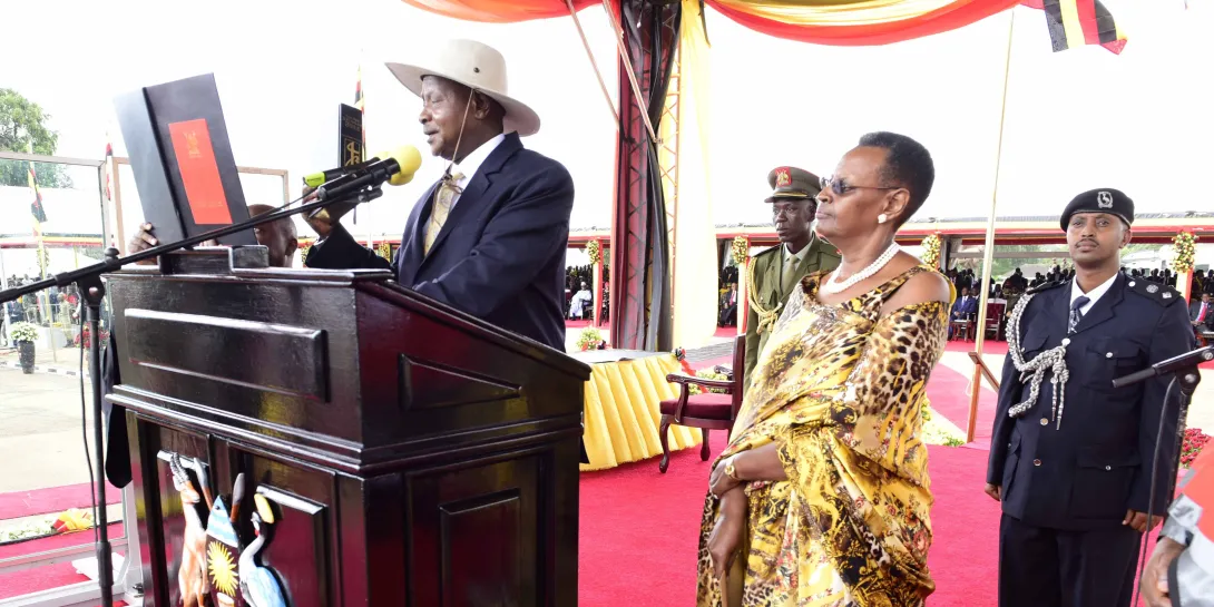 President Museveni swears in at Kololo as First Lady looks on