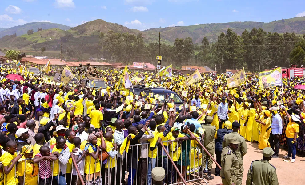 President-Museveni-waves-to-his-supporters-as-he-arrives-at-Rusherebeya-market-grounds-in-Rwamucucu-sub-county,-Rukiga-district-to-address-his-campaign-rally-on-Tuesday